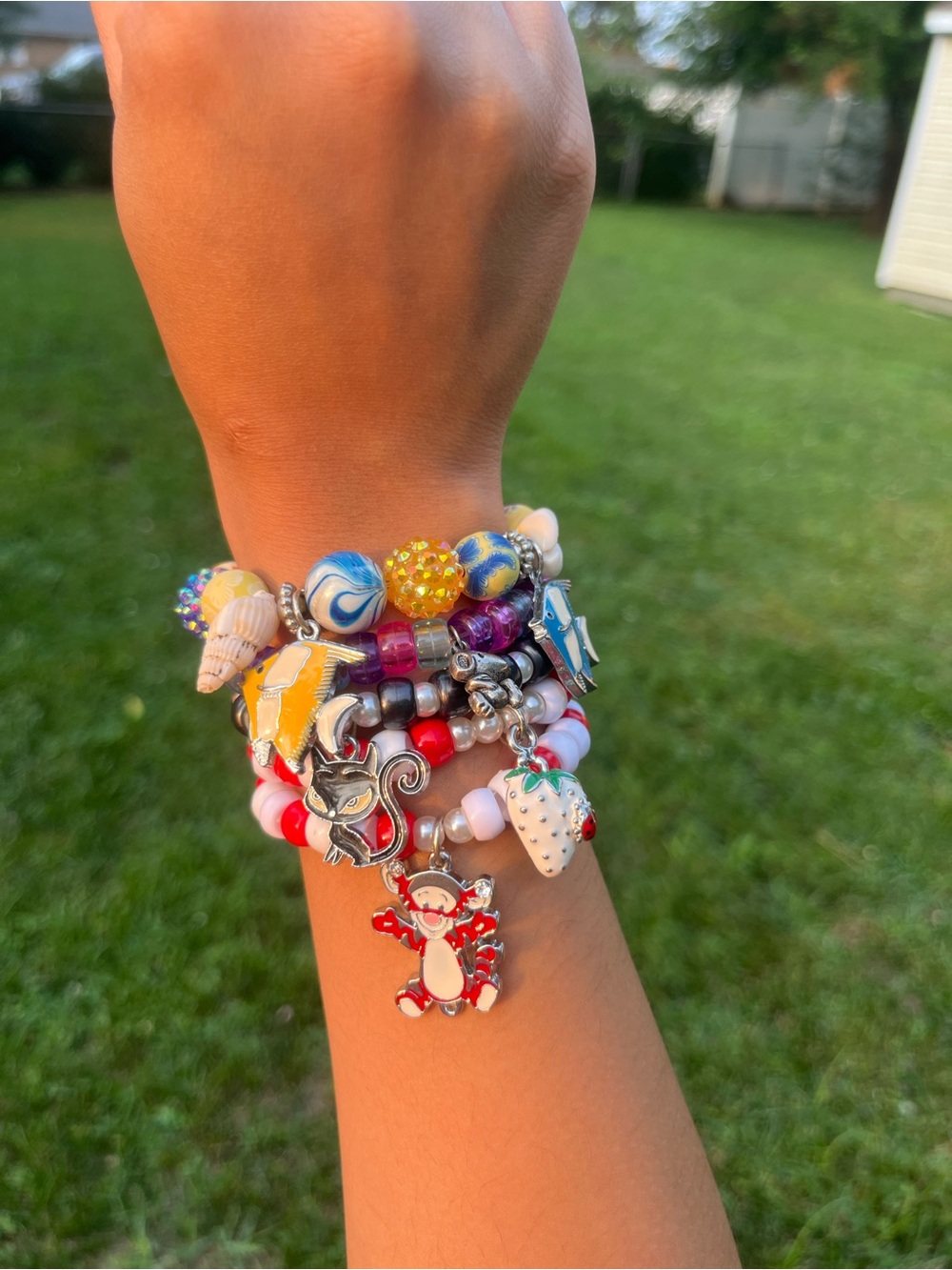 Snoopy Charm Bracelet with Clear Pink, Purple, and Blue Pony Beads